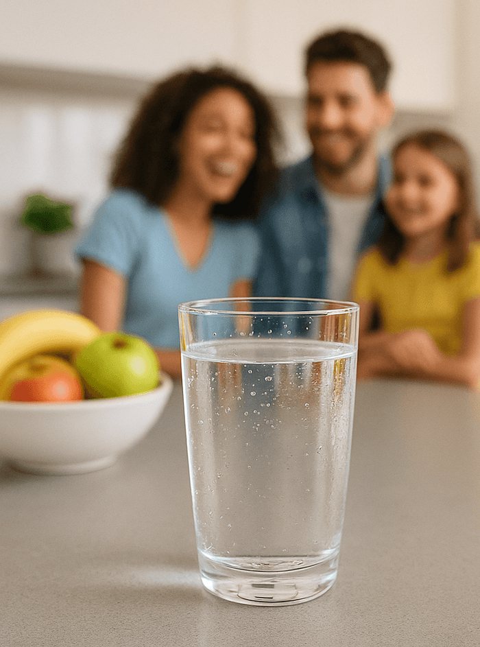 A family enjoying a glass of fresh water at home