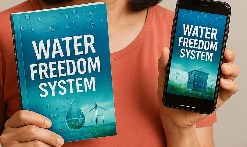 Hands holding the Water Freedom System guide as a book and on a phone